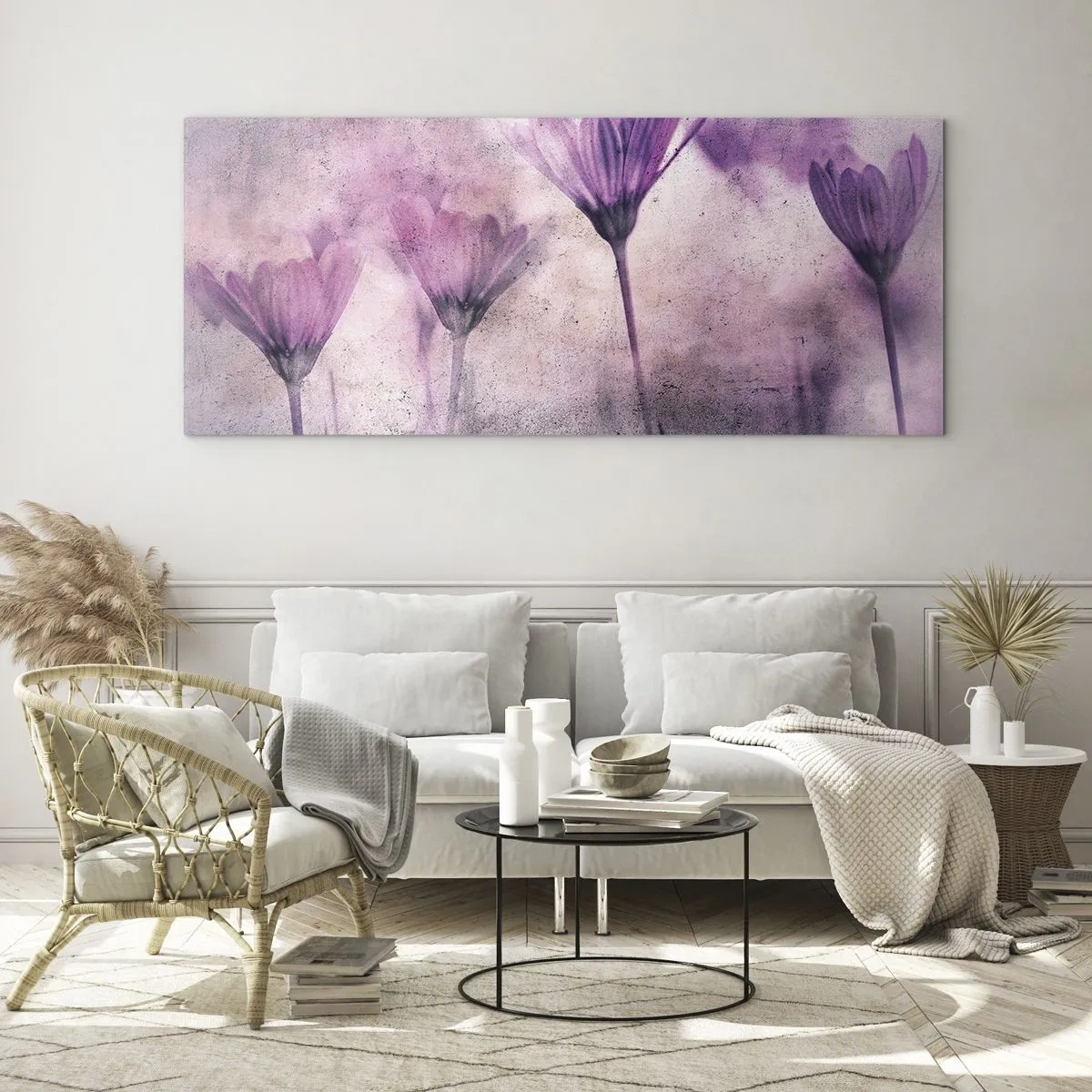 Impression sur verre - Image sur verre - Fleurs délicates dans des tons violets sur fond clair - 160x50cm - Rêve de fleurs - Décoration murale moderne pour le salon et la chambre ARTTOR