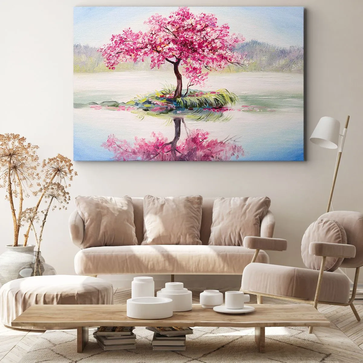Impression sur toile - Image sur toile - Un arbre en fleurs sur une eau calme - 100x70cm - Fête du Printemps - Décoration murale moderne pour le salon et la chambre ARTTOR
