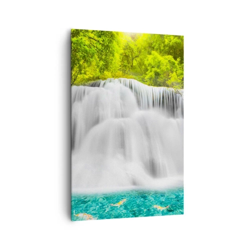 Impression sur toile - Image sur toile - Une cascade dans une forêt tropicale avec de l'eau turquoise - 80x120cm - Une cascade mousseuse du vert à l'azur - Décoration murale moderne pour le salon et la chambre ARTTOR