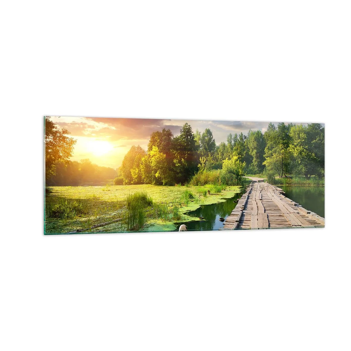 Impression sur verre - Image sur verre - Un paysage pittoresque avec un pont et un cygne - 140x50cm - L'été, l'été partout - Décoration murale moderne pour le salon et la chambre ARTTOR