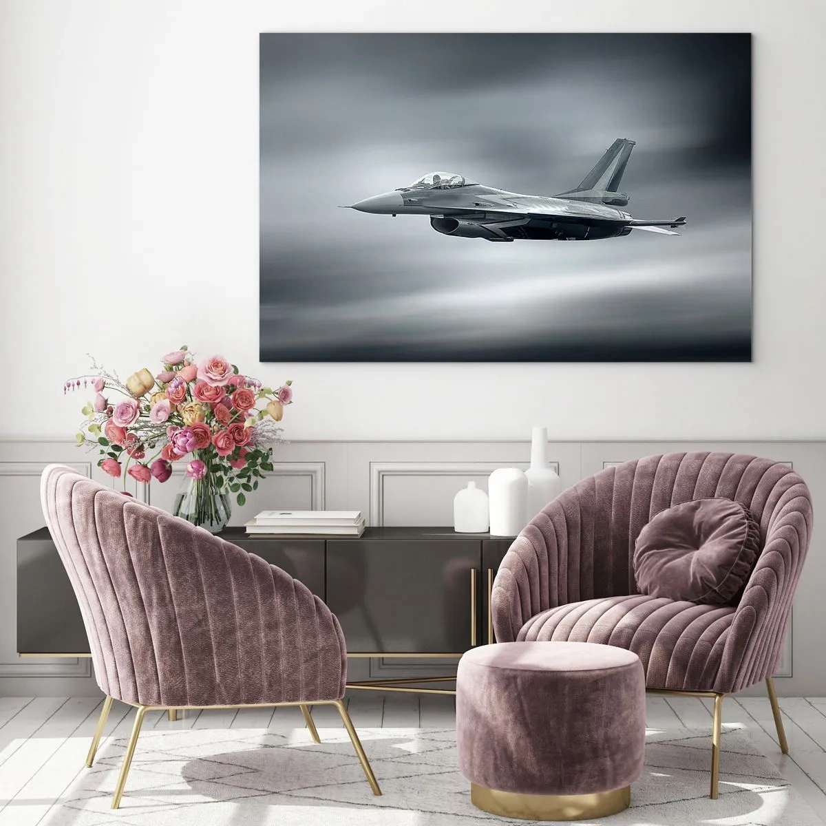 Impression sur verre - Image sur verre - Un avion de chasse en vol contre un ciel nuageux - 120x80cm - Acceptez-vous le défi? - Décoration murale moderne pour le salon et la chambre ARTTOR