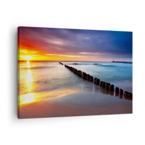 Impression sur toile - Image sur toile - Coucher de soleil sur la mer avec un brise-lames au premier plan - 70x50cm - Ecoute le silence - Décoration murale moderne pour le salon et la chambre ARTTOR