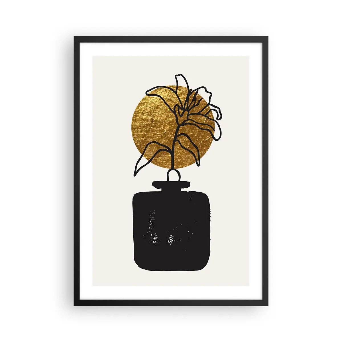 Affiche dans un cadre noir - Poster - Composition abstraite avec une fleur et un cercle doré - 50x70cm - La beauté vaut son pesant d'or - Décoration murale moderne pour le salon et la chambre ARTTOR