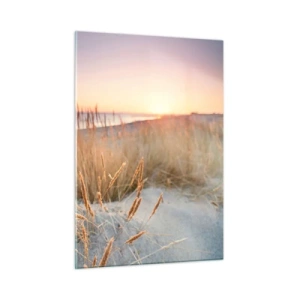 Impression sur verre - Image sur verre - Une plage avec de l'herbe et le soleil couchant sur la mer - 50x70cm - Berceuse baltique - Décoration murale moderne pour le salon et la chambre ARTTOR