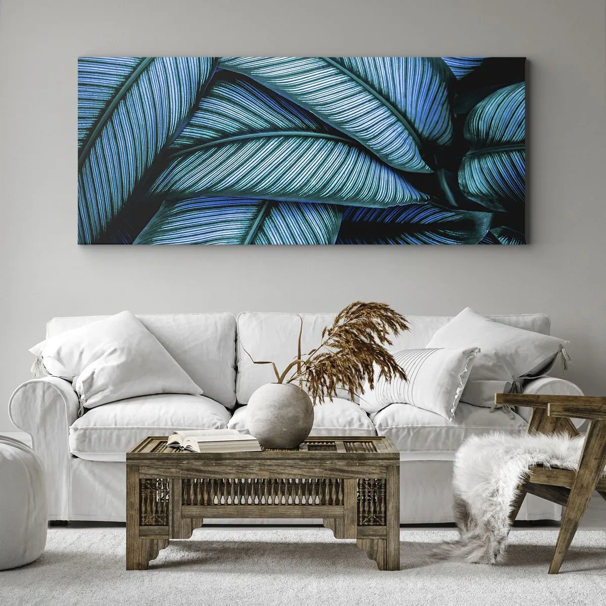 Impression sur toile - Image sur toile - Un gros plan de feuilles turquoise avec des détails vifs. - 140x50cm - Lignes de vie - Décoration murale moderne pour le salon et la chambre ARTTOR