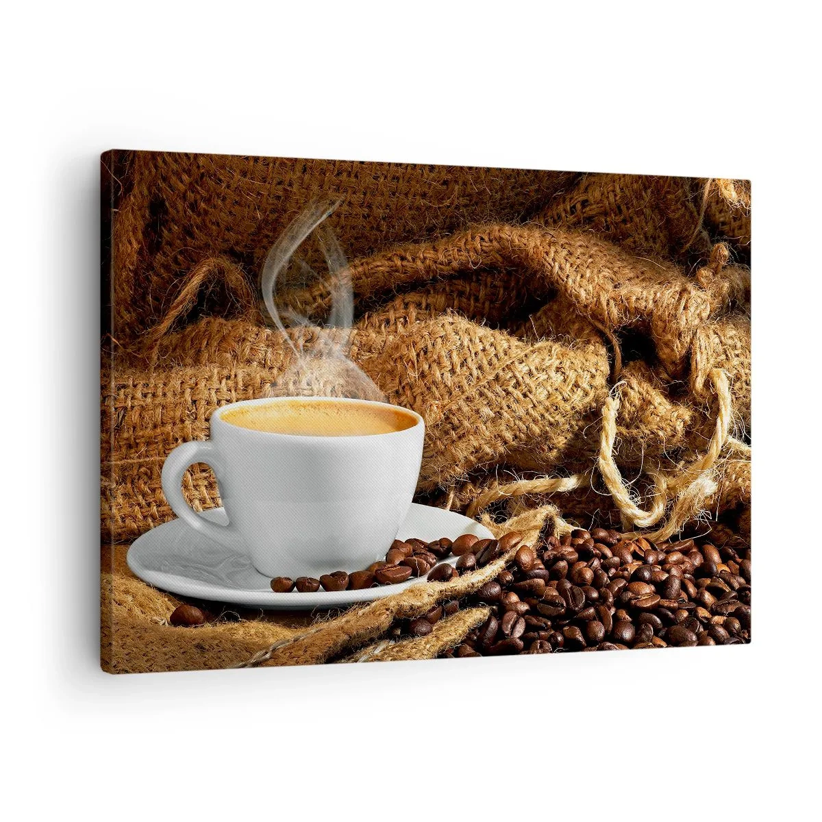 Impression sur toile - Image sur toile - Une tasse de café entourée d'un sac de grains de café - 70x50cm - L'odeur du moka et la densité du miel liquide - Décoration murale moderne pour le salon et la chambre ARTTOR