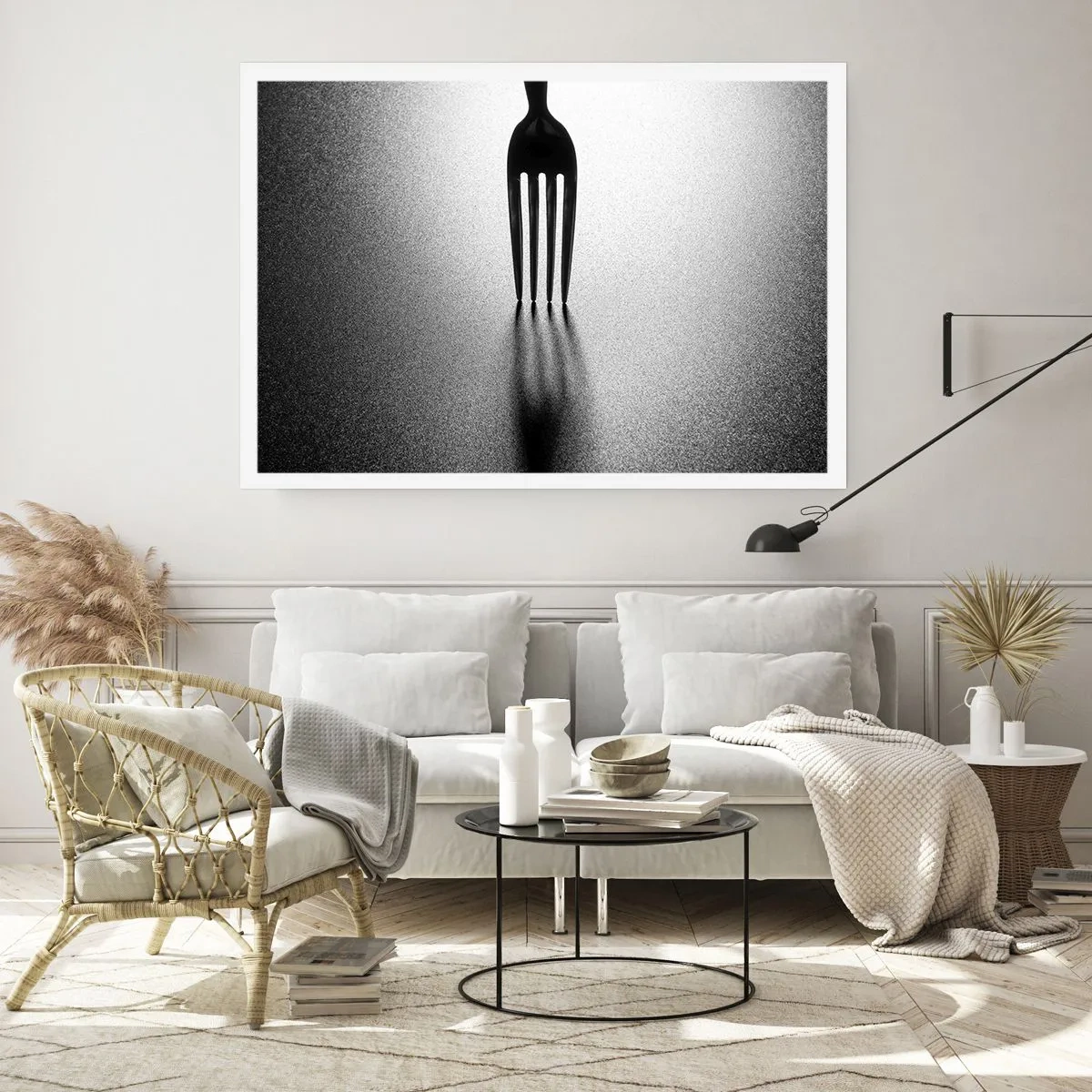 Affiche - Poster - Une version minimaliste d'une fourchette en noir et blanc avec jeu d'ombres. - 100x70cm - Lumière et ombre - Décoration murale moderne pour le salon et la chambre ARTTOR