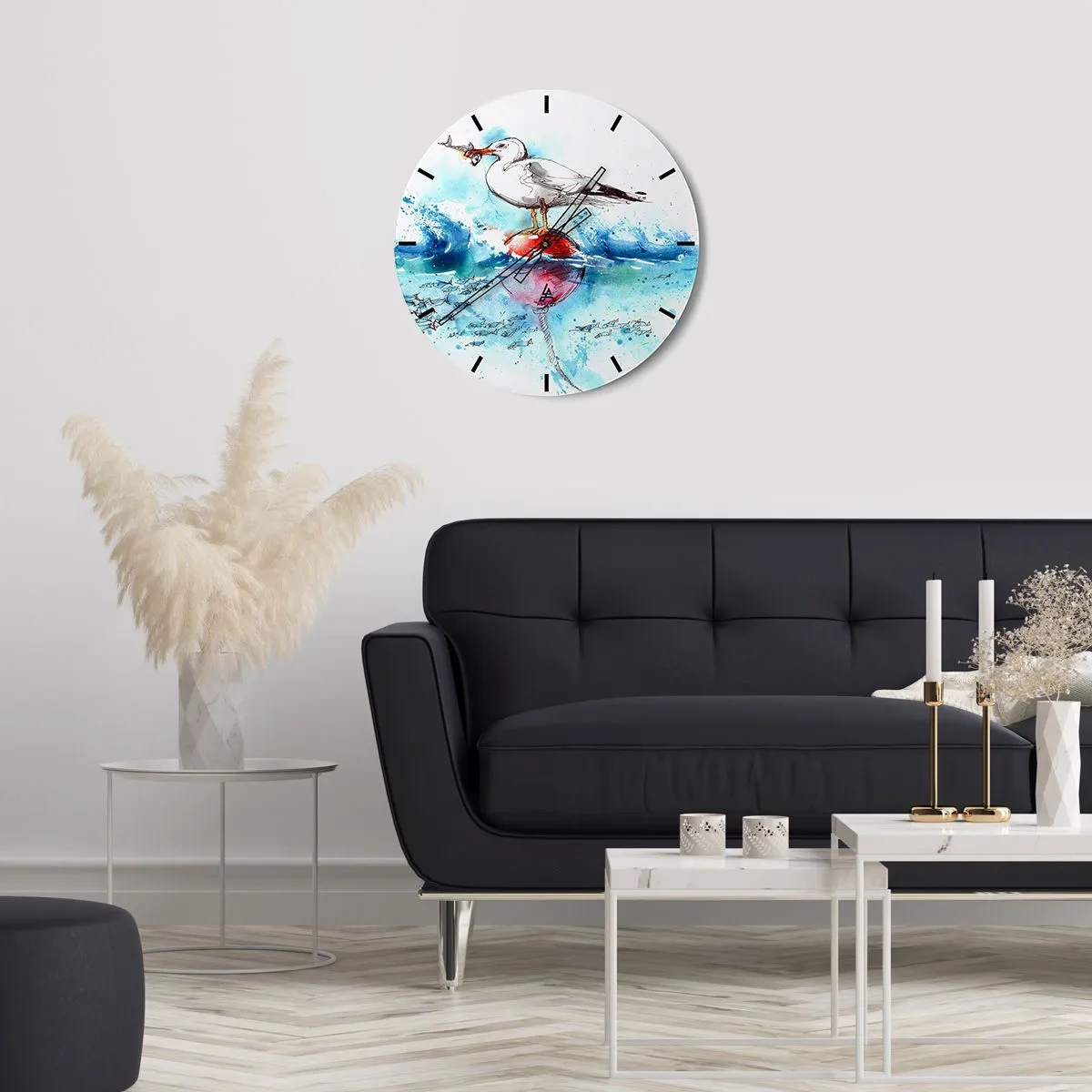 Horloge murale - Pendule murale - Une mouette avec un poisson sur une bouée parmi les vagues, représentée dans un style aquarelle - 30x30cm - Prise réussie - Décoration murale moderne pour le salon, la cuisine et la chambre ARTTOR