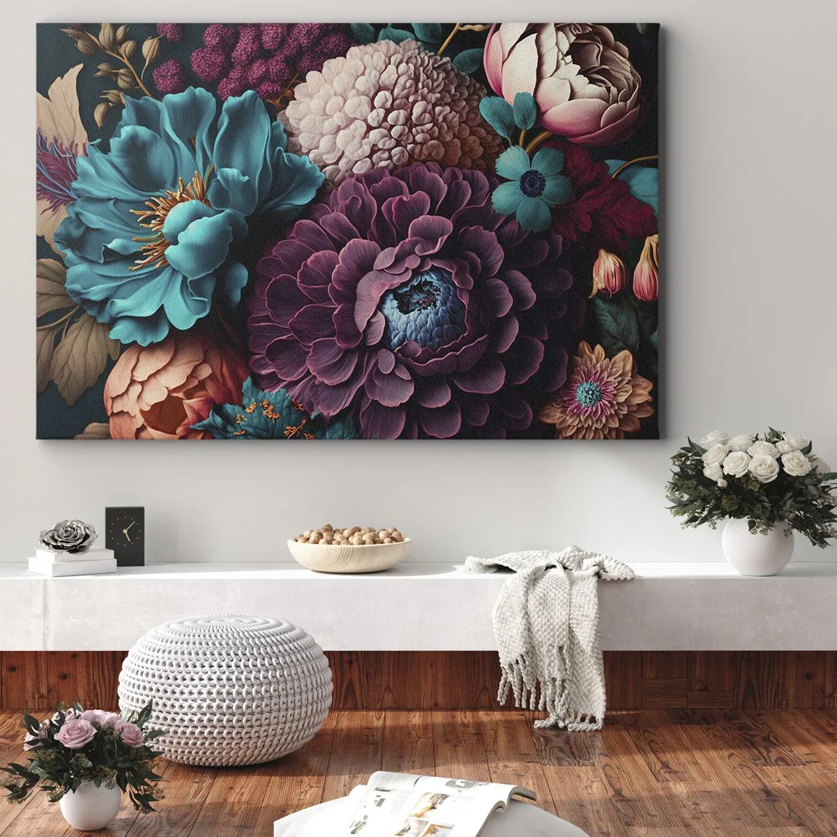 Impression sur toile - Image sur toile - Un bouquet de fleurs aux couleurs intenses sur fond sombre - 100x70cm - La nature en abondance - Décoration murale moderne pour le salon et la chambre ARTTOR