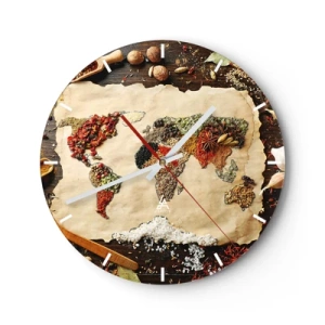 Horloge murale - Pendule murale - Carte du monde faite d'épices sur fond de bois - 30x30cm - Toutes les saveurs du monde - Décoration murale moderne pour le salon, la cuisine et la chambre ARTTOR