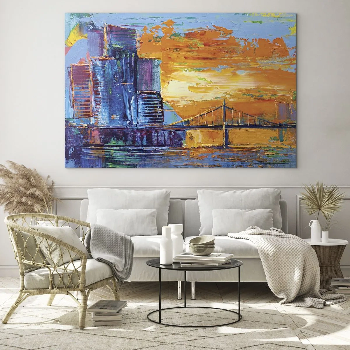 Impression sur verre - Image sur verre - La ville colorée et le pont dans la lueur du soleil couchant - 70x50cm - Culture et nature - Décoration murale moderne pour le salon et la chambre ARTTOR