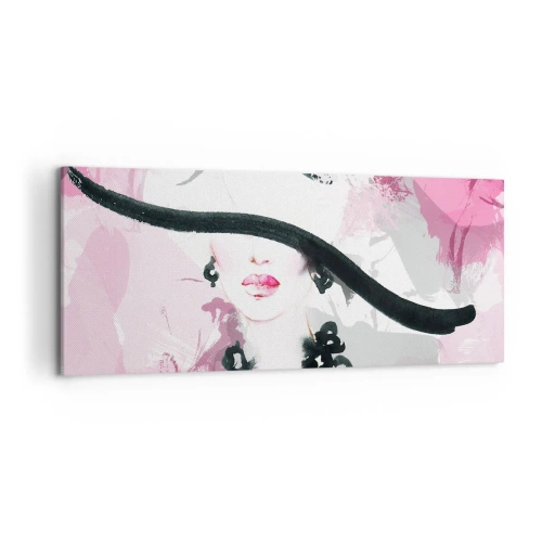 Impression sur toile - Image sur toile - Une femme élégante avec un chapeau sur un fond d'abstractions roses. - 120x50cm - Portrait d'une dame en noir et rose - Décoration murale moderne pour le salon et la chambre ARTTOR