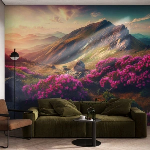 Papier Peint Photo Premium Canvas - Paysage de montagne avec des rhododendrons en fleurs - 100x70cm - L'été à la montagne - Décoration murale moderne pour le salon et la chambre ARTTOR