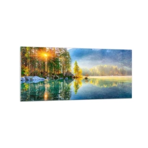 Impression sur verre - Image sur verre - Un lac entouré de montagnes et de forêts sous les rayons du soleil - 120x50cm - Majesté et douceur - Décoration murale moderne pour le salon et la chambre ARTTOR