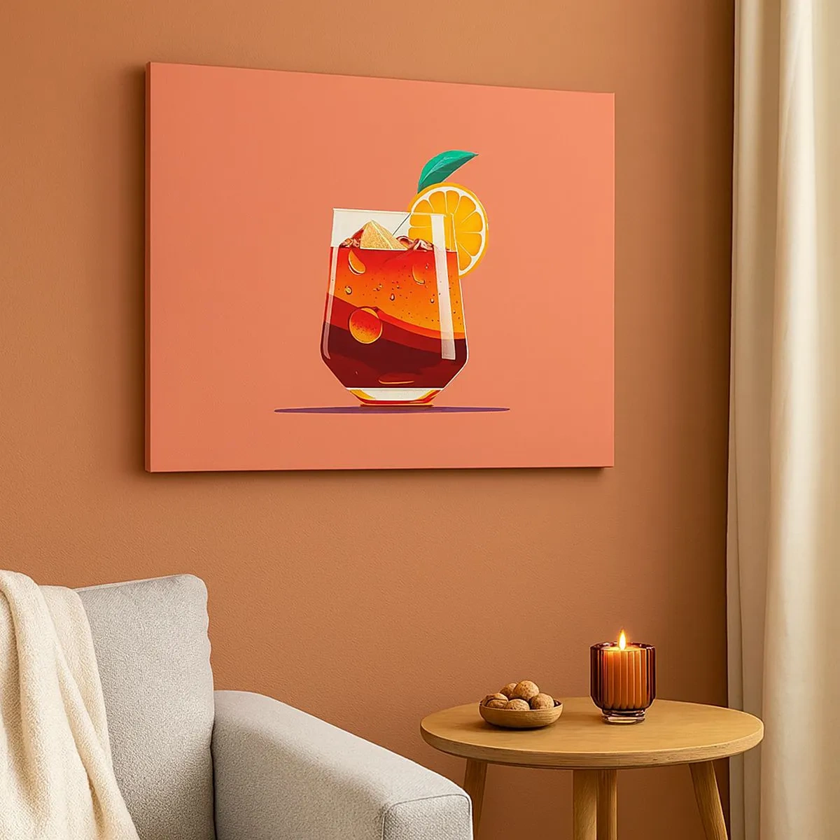 Impression sur toile - Image sur toile - Un verre de boisson et une tranche d'orange sur un fond orange - 70x50cm - Rafraîchissement d'été - Décoration murale moderne pour le salon et la chambre ARTTOR
