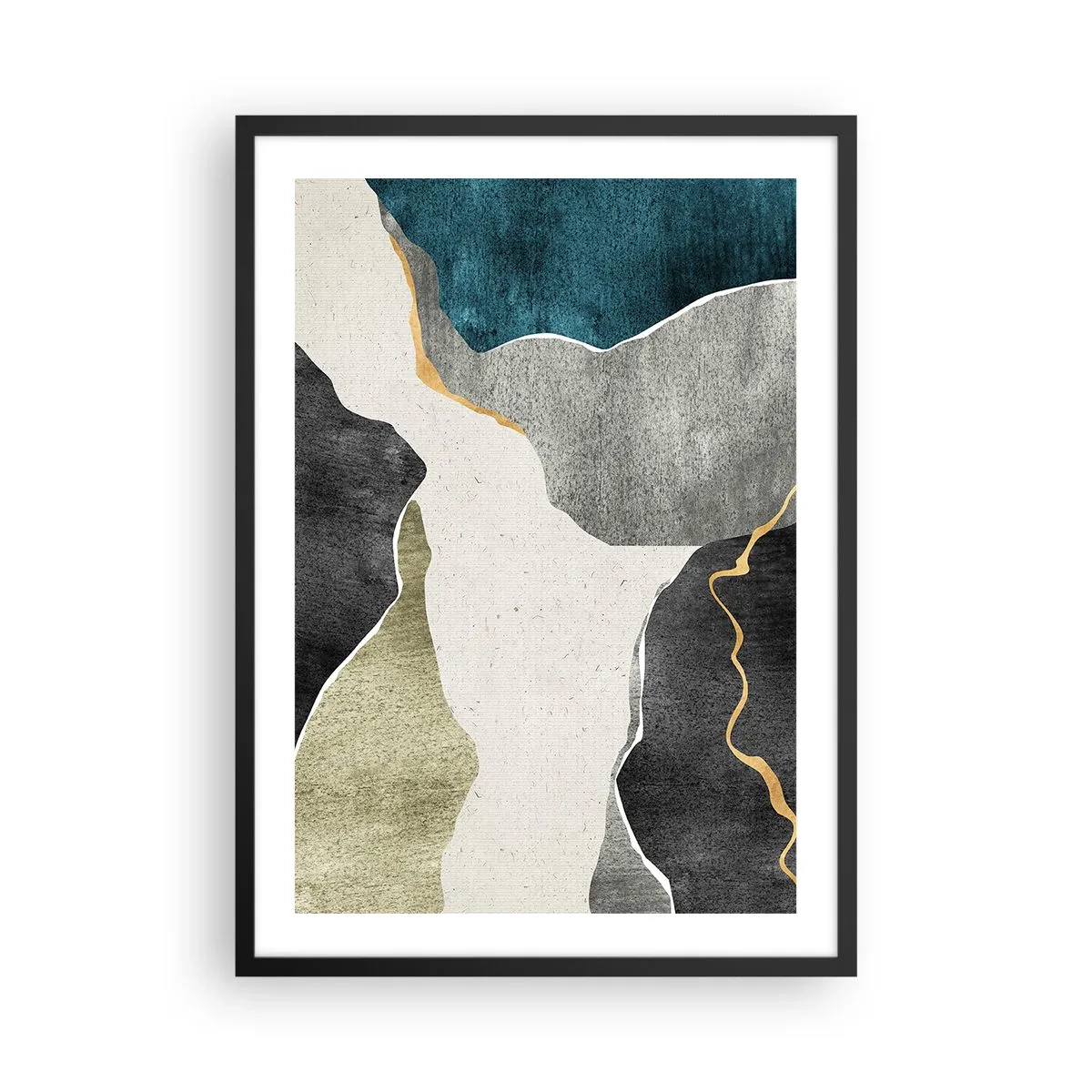 Affiche dans un cadre noir - Poster - Composition abstraite avec des formes géométriques - 50x70cm - Composition mosaïque avec un fil d'or - Décoration murale moderne pour le salon et la chambre ARTTOR