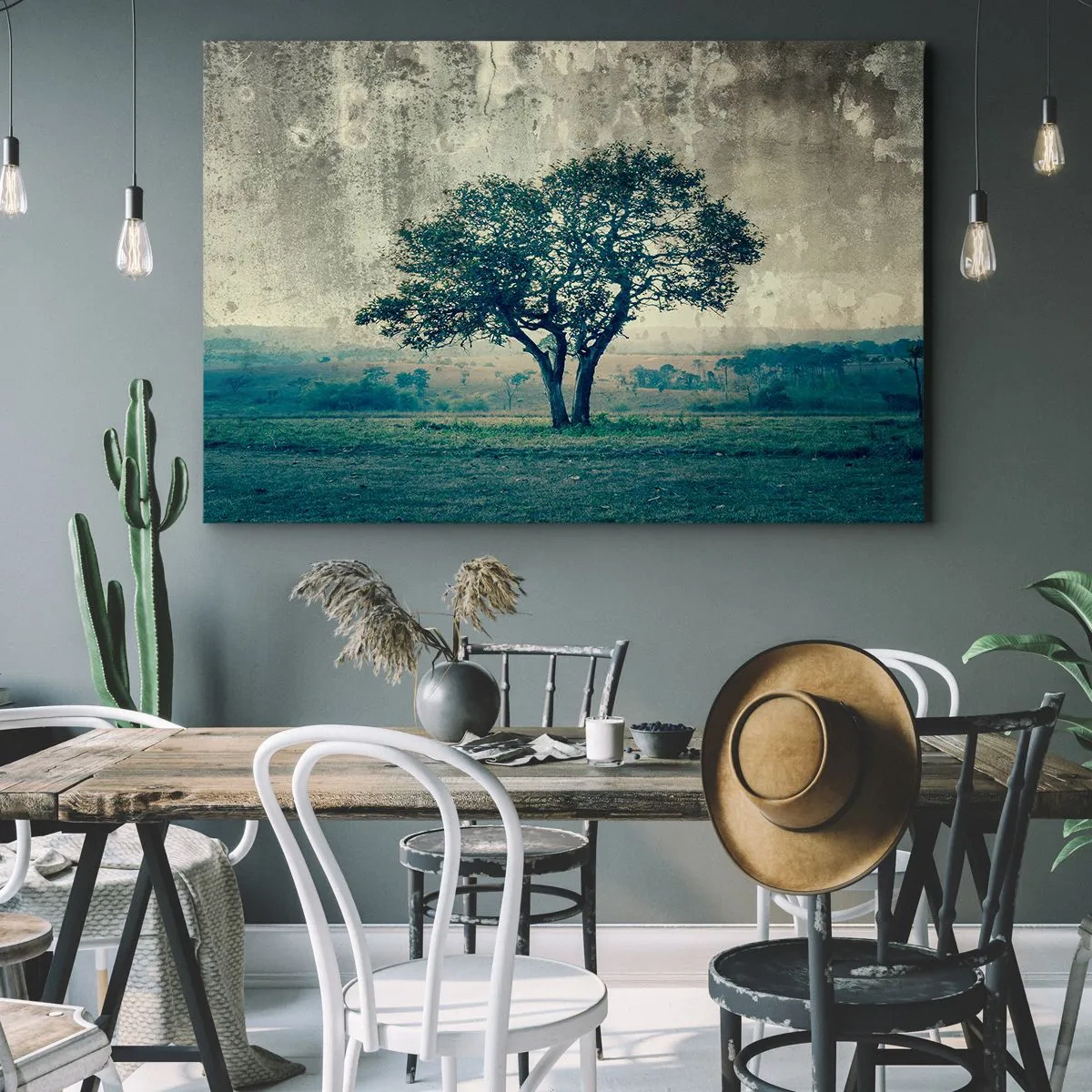 Impression sur toile - Image sur toile - Un arbre solitaire dans un paysage brumeux - 70x50cm - Un pommier sur un champ bleu ? - Décoration murale moderne pour le salon et la chambre ARTTOR
