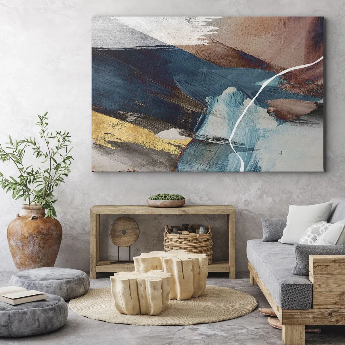 Impression sur toile - Image sur toile - Coups de pinceau abstraits dans des tons de bleu et d'or - 100x70cm - Avec panache et énergie - Décoration murale moderne pour le salon et la chambre ARTTOR