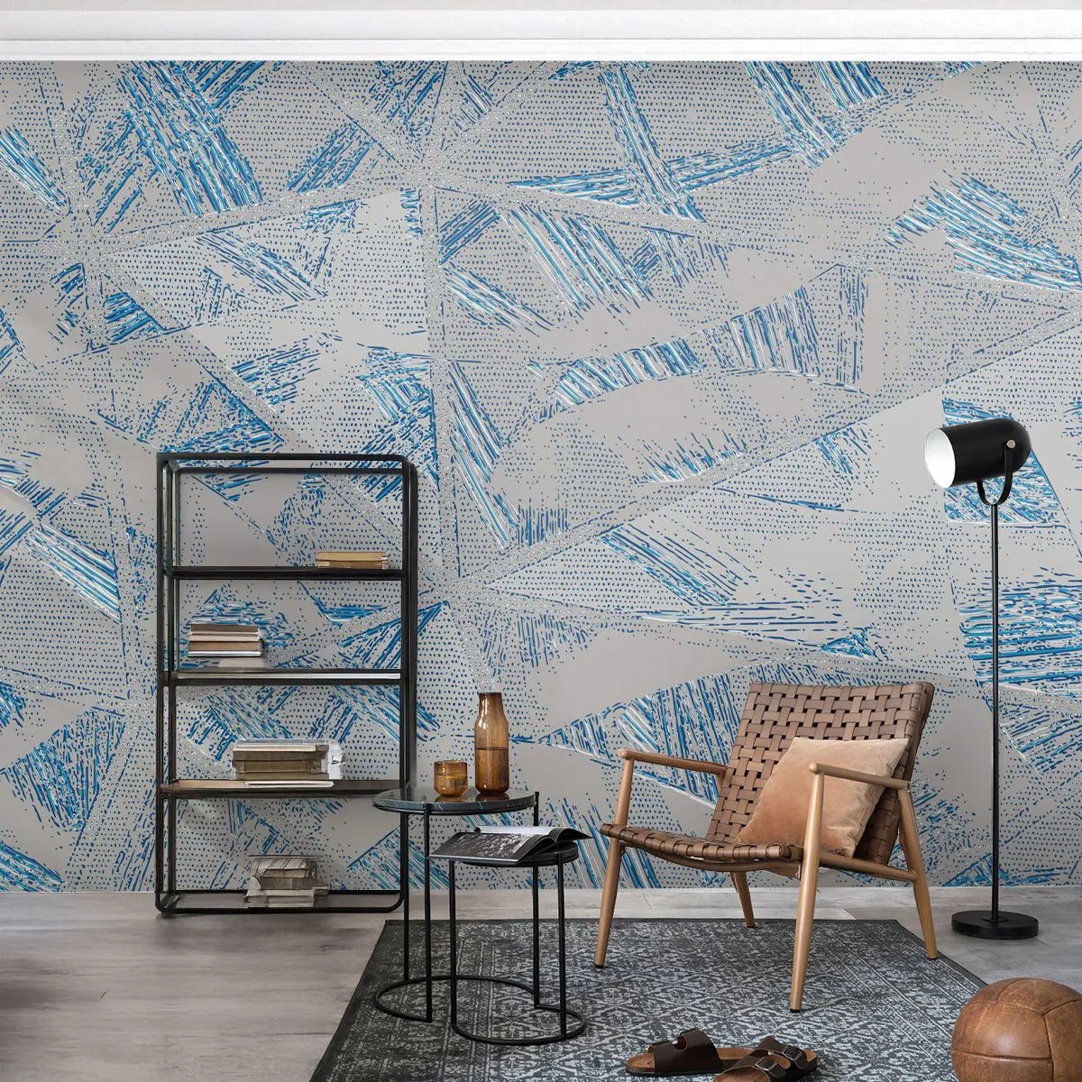 Papier Peint Photo Premium Canvas - Dans un labyrinthe bleu-gris - Gribouillis, Brillant, Chaos - 250x175 cm