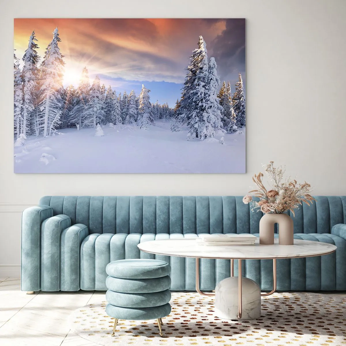 Impression sur verre - Image sur verre - Paysage d'hiver avec des arbres enneigés au coucher du soleil - 120x80cm - Un spectacle enneigé de la nature - Décoration murale moderne pour le salon et la chambre ARTTOR