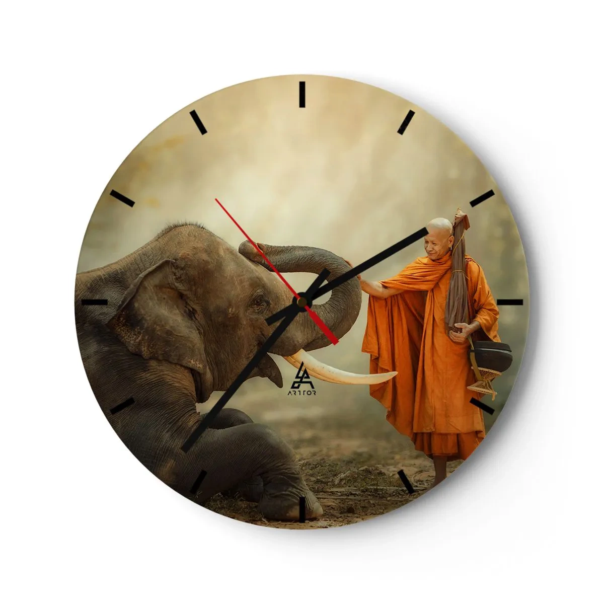 Horloge murale - Pendule murale - Un moine bouddhiste et un éléphant dans un cadre paisible et naturel - 30x30cm - Rencontre en voyageant - Décoration murale moderne pour le salon, la cuisine et la chambre ARTTOR
