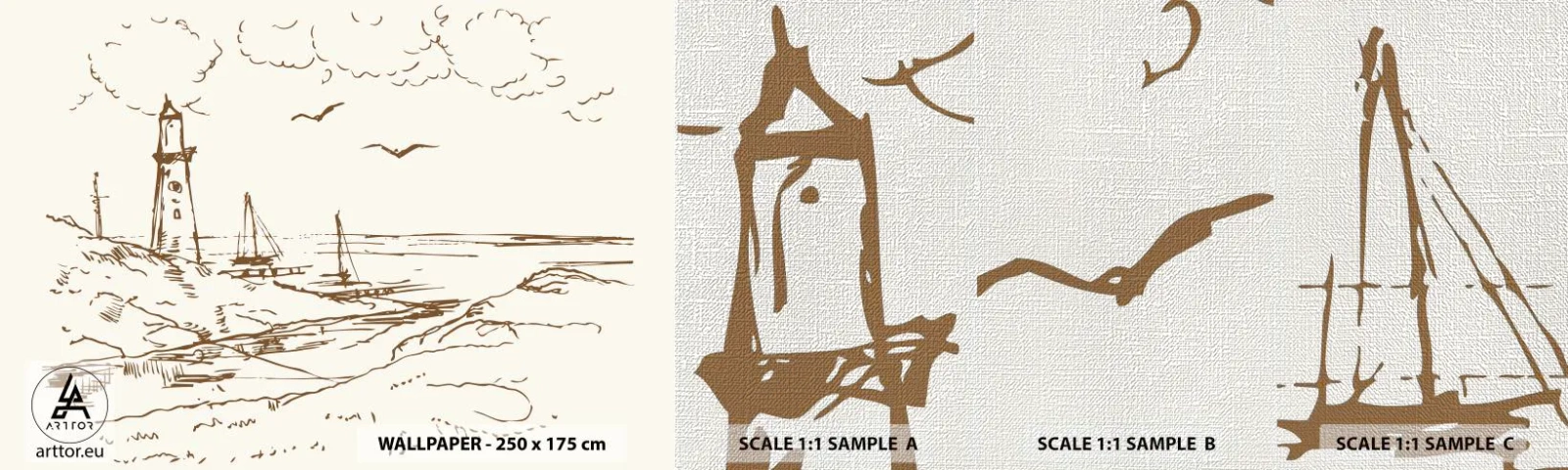 Échantillon de Papier Peint Premium Canvas - Esquisse de souvenirs d'été - Graphique, Côte, Phare - 100x30 cm