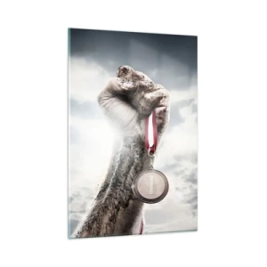 Impression sur verre - Image sur verre - Une main levée avec une médaille contre un ciel nuageux - 80x120cm - Per aspera ad astra - Décoration murale moderne pour le salon et la chambre ARTTOR