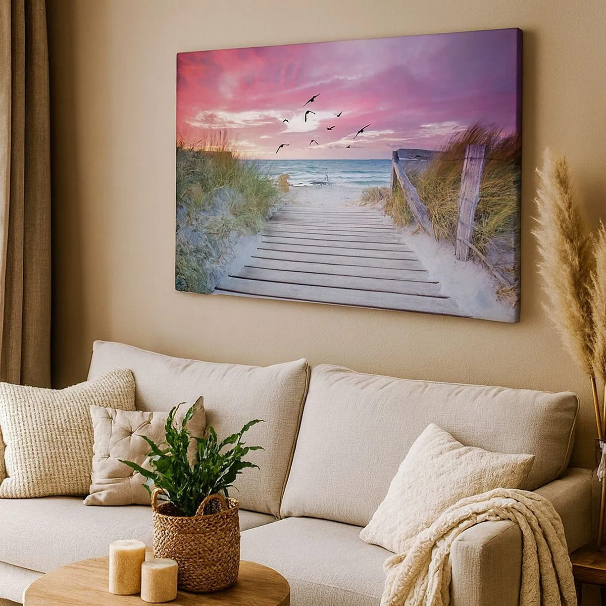 Impression sur toile - Image sur toile - Chemin en bois sur la plage au coucher du soleil rose - 70x50cm - Impression de la Baltique - Décoration murale moderne pour le salon et la chambre ARTTOR