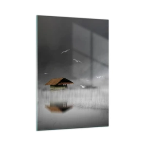 Impression sur verre - Image sur verre - Une maison sur l'eau dans le brouillard avec des oiseaux qui volent - 50x70cm - A l'abri de la pluie - Décoration murale moderne pour le salon et la chambre ARTTOR