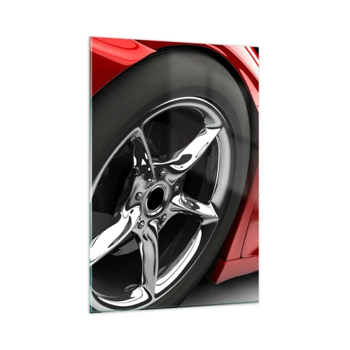 Impression sur verre - Image sur verre - Voiture de sport rouge avec jantes chromées - 80x120cm - Conçu pour la vitesse - Décoration murale moderne pour le salon et la chambre ARTTOR