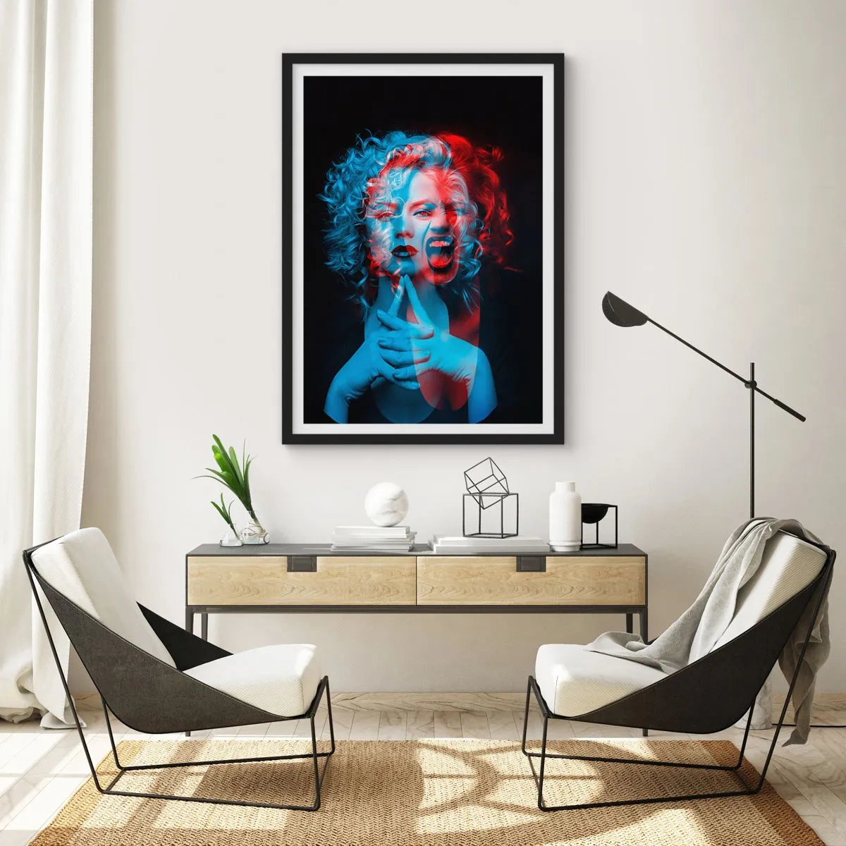 Affiche dans un cadre noir - Poster - Portrait artistique d'une femme en effets 3D en rouge et bleu. - 50x70cm - Alter ego - Décoration murale moderne pour le salon et la chambre ARTTOR