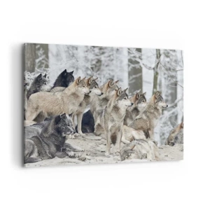 Impression sur toile - Image sur toile - Une meute de loups dans la forêt d'hiver - 120x80cm - Famille et amis - Décoration murale moderne pour le salon et la chambre ARTTOR
