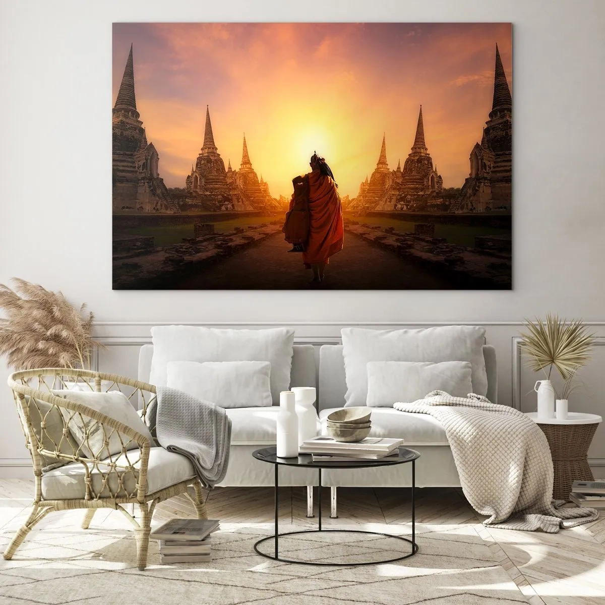 Impression sur verre - Image sur verre - Un moine sur fond de soleil couchant et de temples en Asie - 70x50cm - En paix pour l'éternité - Décoration murale moderne pour le salon et la chambre ARTTOR