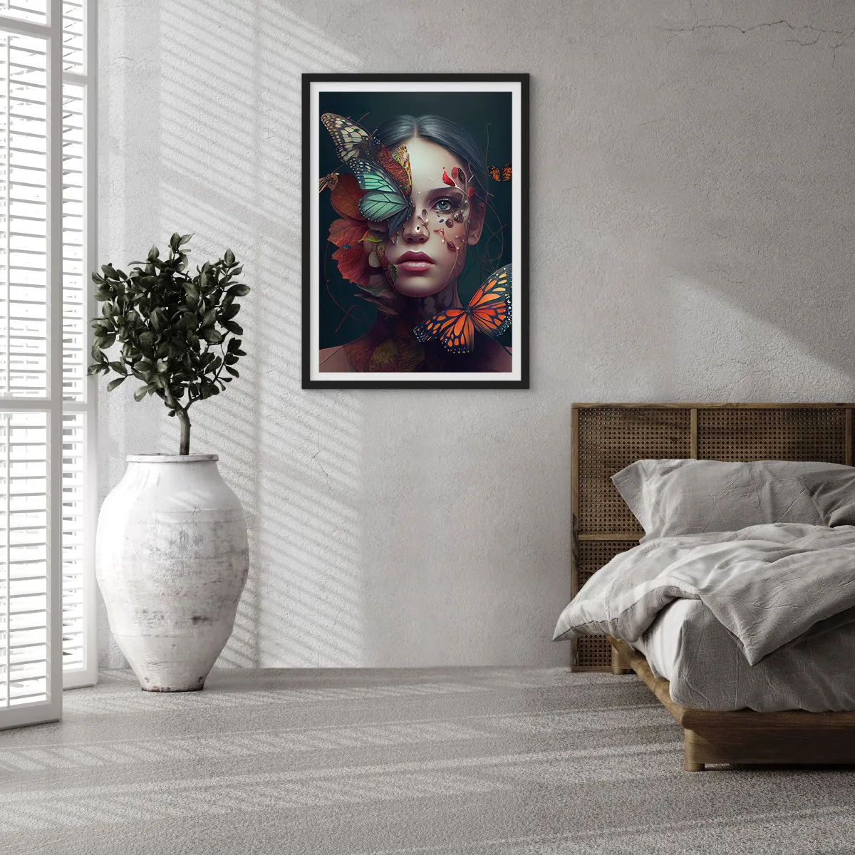 Affiche dans un cadre noir - Poster - Portrait d'une femme avec des papillons et des feuilles - 50x70cm - Une merveilleuse métamorphose - Décoration murale moderne pour le salon et la chambre ARTTOR