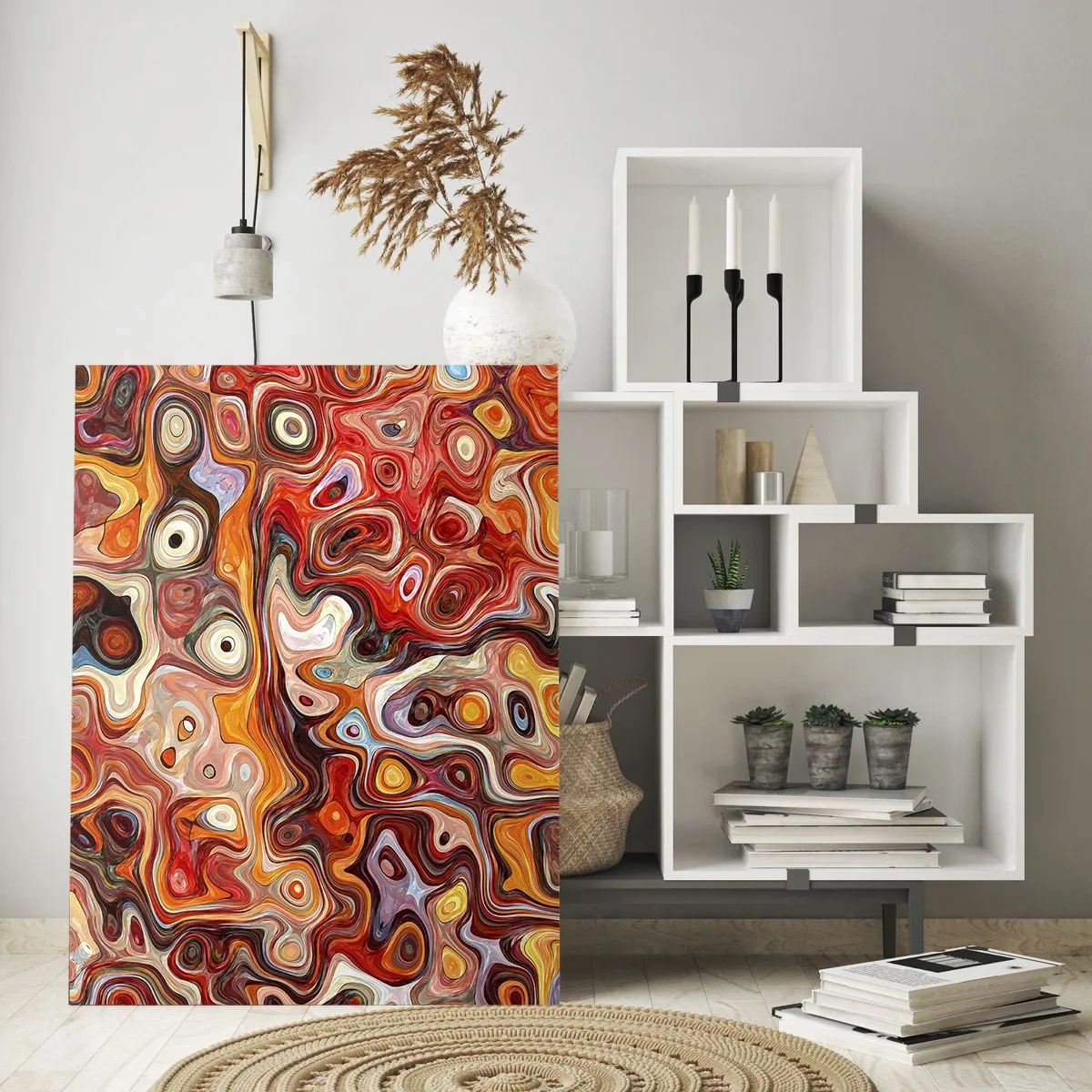 Impression sur verre - Image sur verre - Composition abstraite dans les tons orange et rouge - 50x70cm - Si les noix fondaient dans du miel - Décoration murale moderne pour le salon et la chambre ARTTOR