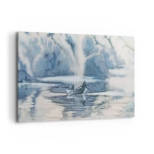 Impression sur toile - Image sur toile - Paysage à l'aquarelle avec des bateaux sur un lac entouré d'une forêt brumeuse - 120x80cm - Les pêcheurs dans leur paradis - Décoration murale moderne pour le salon et la chambre ARTTOR