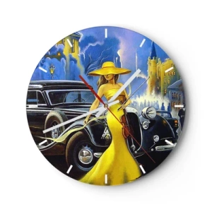 Horloge murale - Pendule murale - Une femme en robe jaune avec un violon à côté d'une voiture classique. - 30x30cm - Nocturne pour violon et amour - Décoration murale moderne pour le salon, la cuisine et la chambre ARTTOR