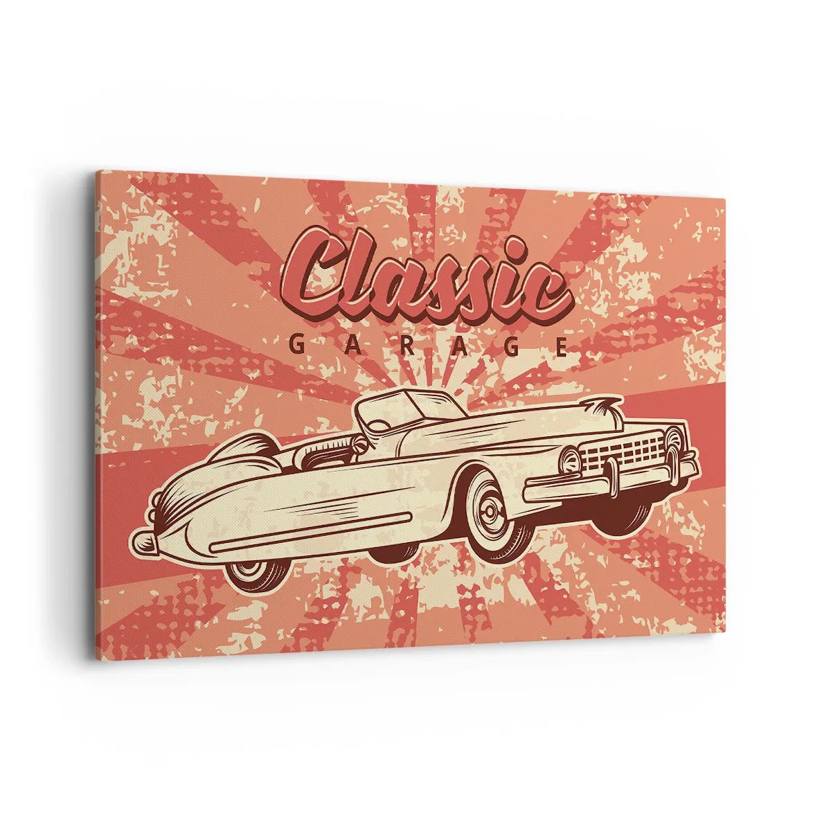 Impression sur toile - Image sur toile - Affiche rétro avec une voiture classique et les mots Classic Garage - 120x80cm - Et à la radio, Elvis - Décoration murale moderne pour le salon et la chambre ARTTOR