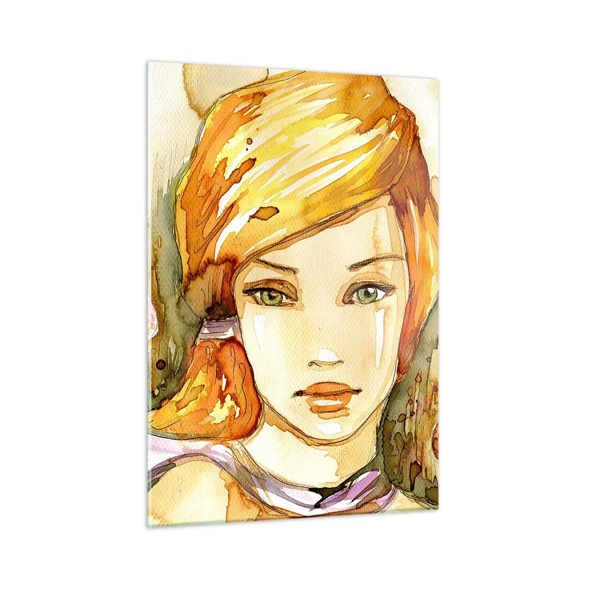Impression sur verre - Image sur verre - Portrait d'une femme dans un style aquarelle avec abstraction - 50x70cm - Un regard émeraude qui calme la colère - Décoration murale moderne pour le salon et la chambre ARTTOR