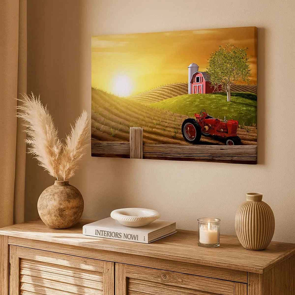 Impression sur toile - Image sur toile - Paysage rural avec une grange rouge, un tracteur et un lever de soleil - 70x50cm - Une ferme comme dans un conte de fées - Décoration murale moderne pour le salon et la chambre ARTTOR