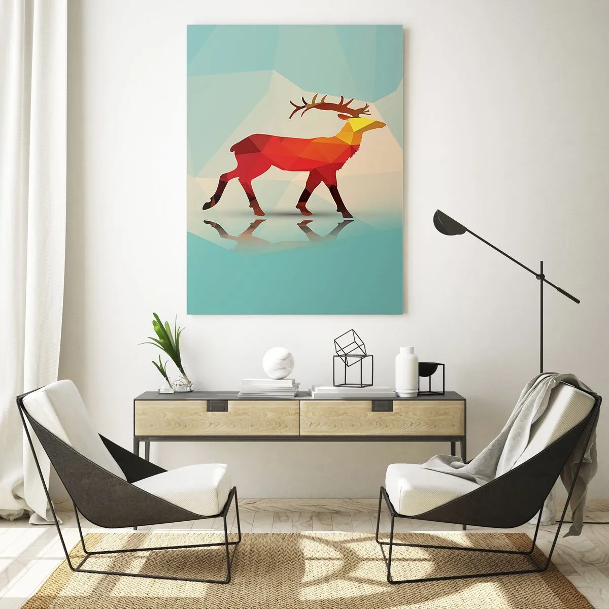Impression sur verre - Image sur verre - Cerf géométrique dans une abstraction colorée - 50x70cm - Cerf géométrique - Décoration murale moderne pour le salon et la chambre ARTTOR