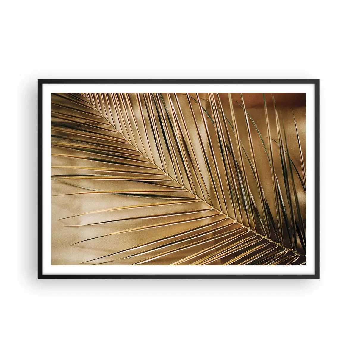 Affiche dans un cadre noir - Poster - Feuille de palmier dorée sur fond uni - 100x70cm - Colonnade naturelle - Décoration murale moderne pour le salon et la chambre ARTTOR
