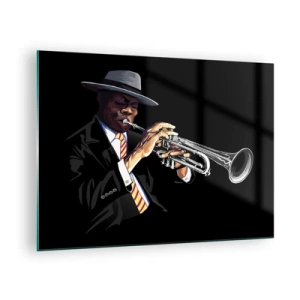 Impression sur verre - Image sur verre - Un musicien noir avec une trompette et un chapeau sur fond noir - 70x50cm - Le charme de la vieille école - Décoration murale moderne pour le salon et la chambre ARTTOR