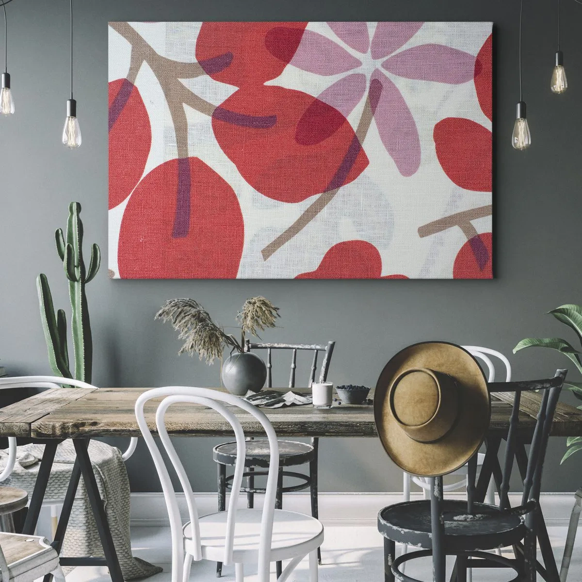 Impression sur toile - Image sur toile - Fleurs et feuilles dans les tons de rouge et de rose - 100x70cm - Composition florale dans les roses - Décoration murale moderne pour le salon et la chambre ARTTOR