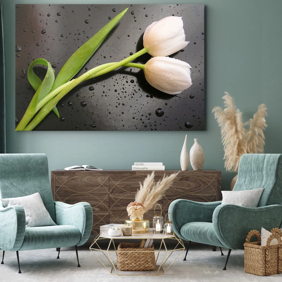 Impression sur toile - Image sur toile - Tulipes blanches sur fond noir avec des gouttes d'eau - 120x80cm - Tissage de printemps - Décoration murale moderne pour le salon et la chambre ARTTOR
