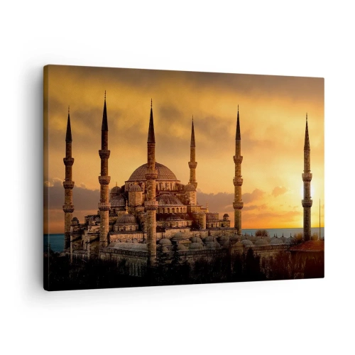 Impression sur toile - Image sur toile - La mosquée au coucher du soleil aux couleurs chaudes - 70x50cm - Dieu est grand - Décoration murale moderne pour le salon et la chambre ARTTOR