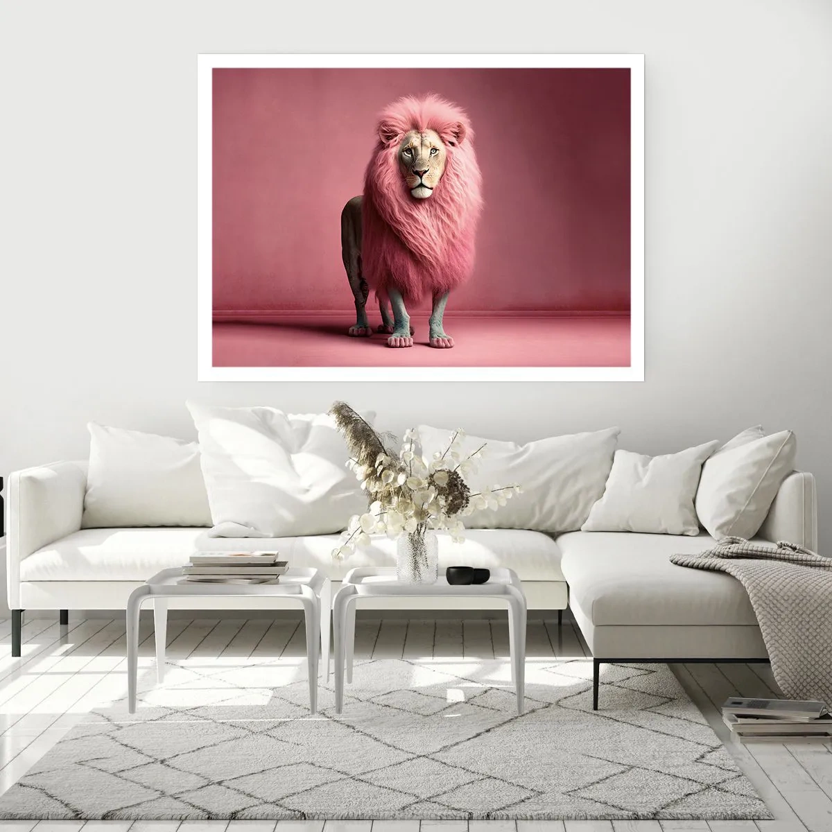 Affiche - Poster - Un lion rendu artistiquement avec une crinière rose sur un fond rose - 100x70cm - Et tu n'as plus peur - Décoration murale moderne pour le salon et la chambre ARTTOR