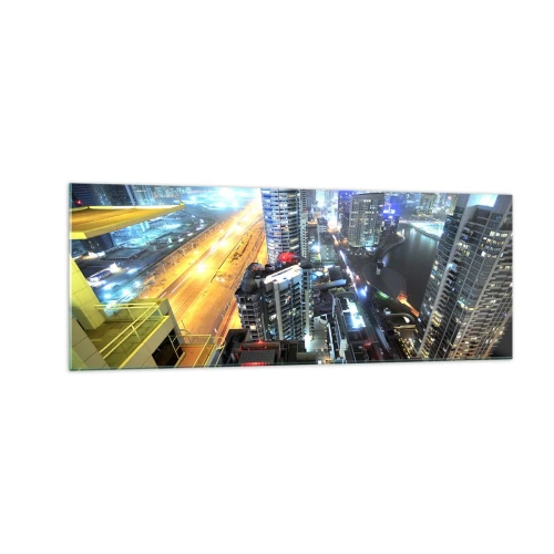 Impression sur verre - Image sur verre - Panorama de la ville nocturne avec des gratte-ciel illuminés - 140x50cm - Un miracle dans le désert - Décoration murale moderne pour le salon et la chambre ARTTOR