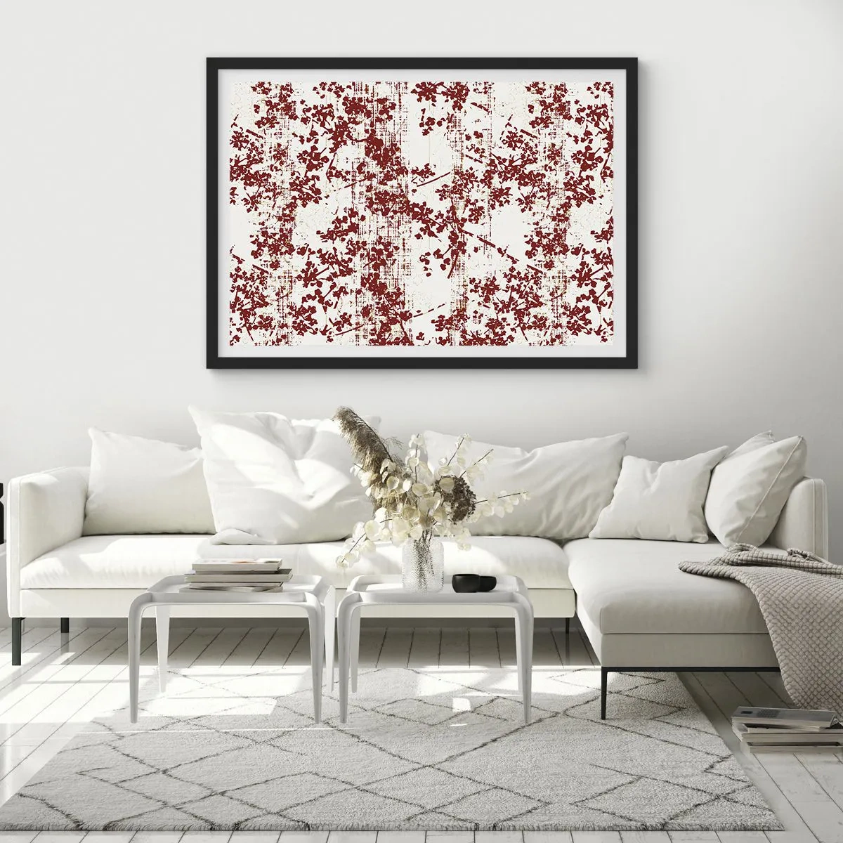 Affiche dans un cadre noir - Poster - Fleurs rouges sur fond blanc dans un style artistique - 100x70cm - Comme un calicot ancien - Décoration murale moderne pour le salon et la chambre ARTTOR