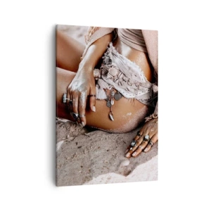 Impression sur toile - Image sur toile - Femme bohème sur la plage avec des bijoux - 50x70cm - Rejeté par la vague? - Décoration murale moderne pour le salon et la chambre ARTTOR